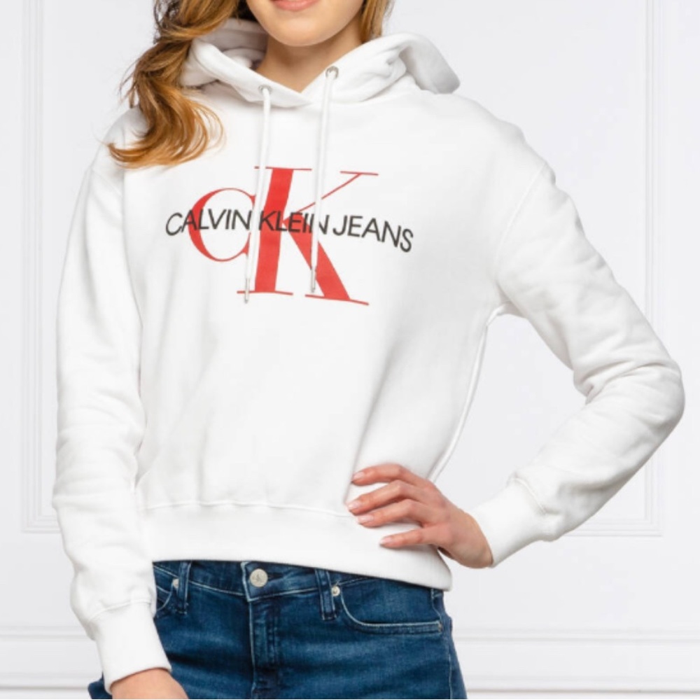 Calvin Klein Logo Cropped Long Sleeve Hoodie Top
